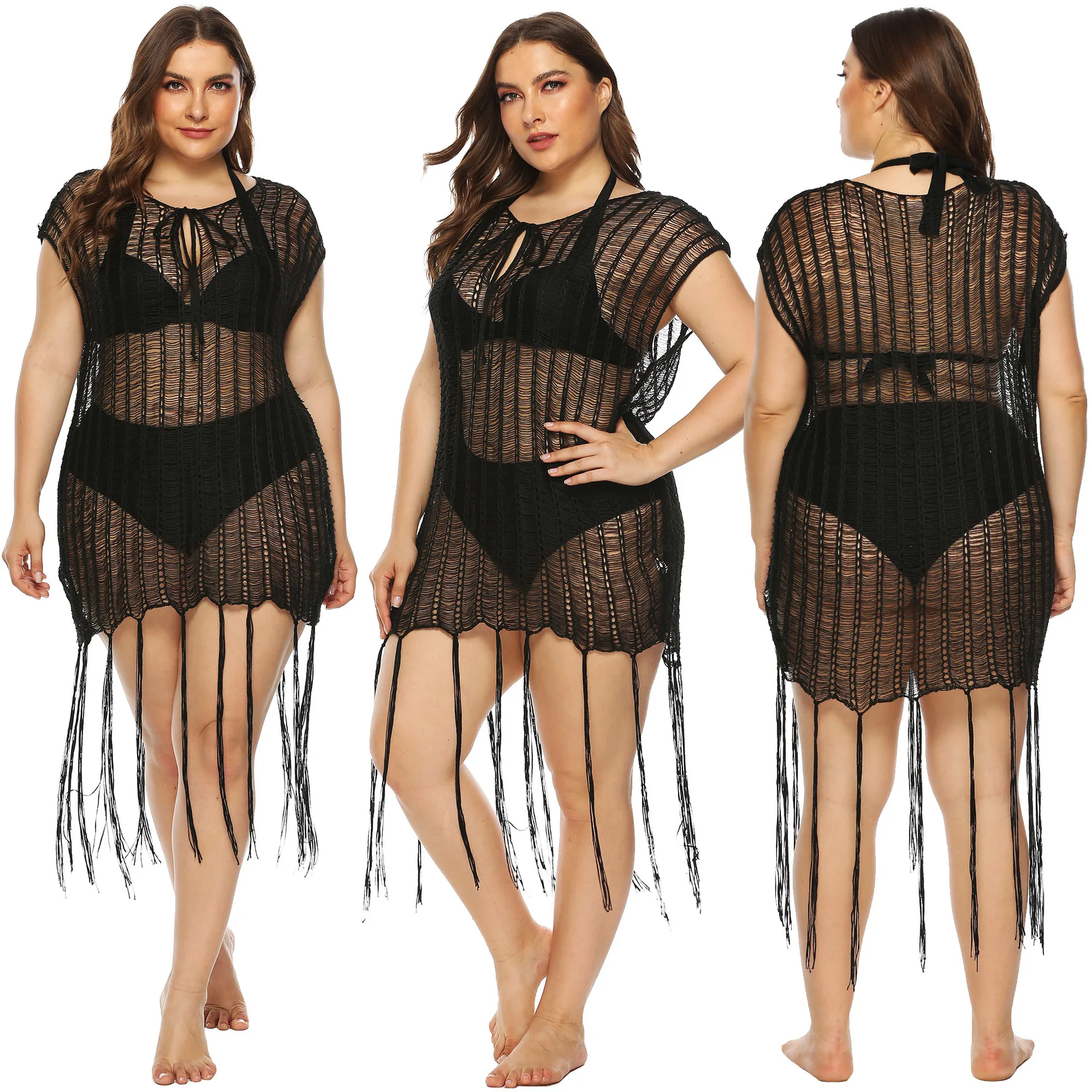 

Pure Color Sexy Hollow Tassel Stitching Woven Dress Beach Coverall
