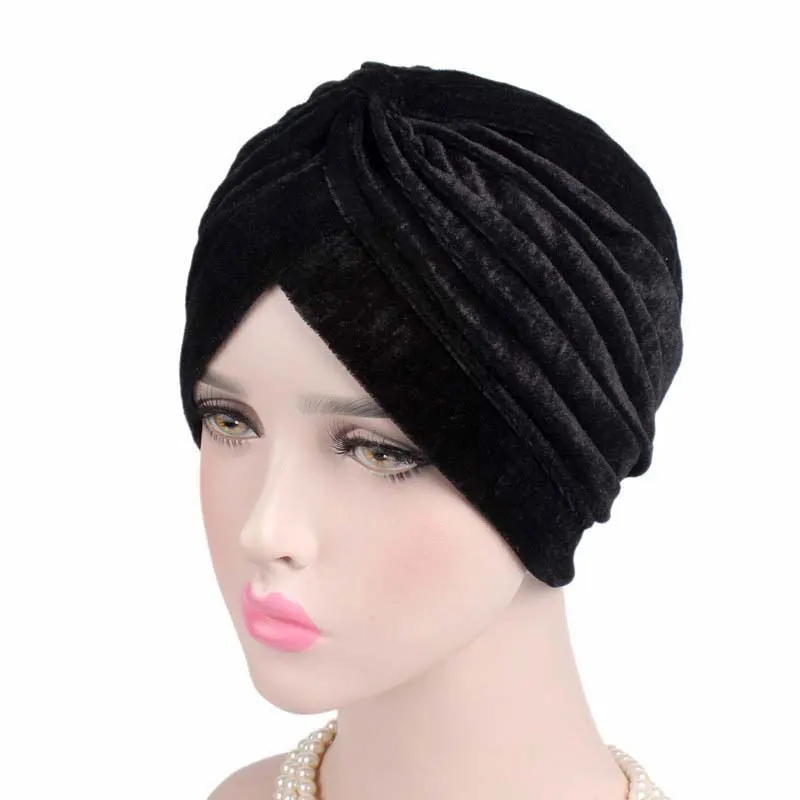 

2021 New Fashion Style Neon Casual Double Stretch Velvet Turban Headwrap Turban Hat Women Gold Velvet Hijab Headwear Muslim Hats