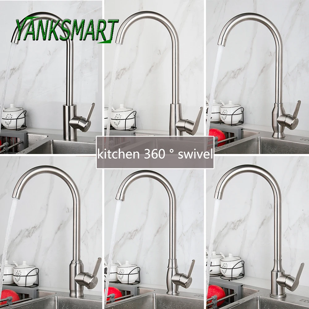 

YANKSMART Brushed Nickel Kitchen Faucet Brass 360 Swivel Basin Sink Faucets Single Handle Deck Mounted Faucet Mixer Water Tap