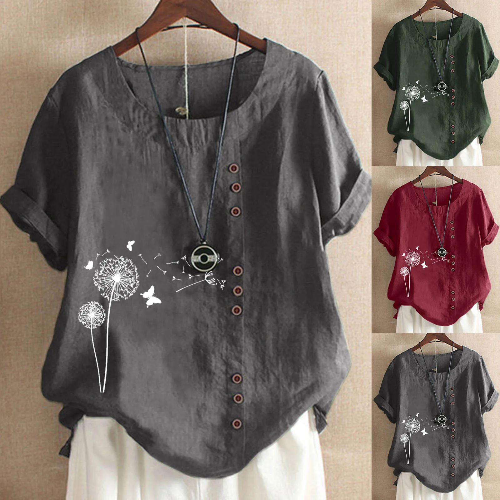 

Топ женский из хлопка и льна, с круглым вырезом и коротким рукавом, с принтом одуванчиков, лето 2021