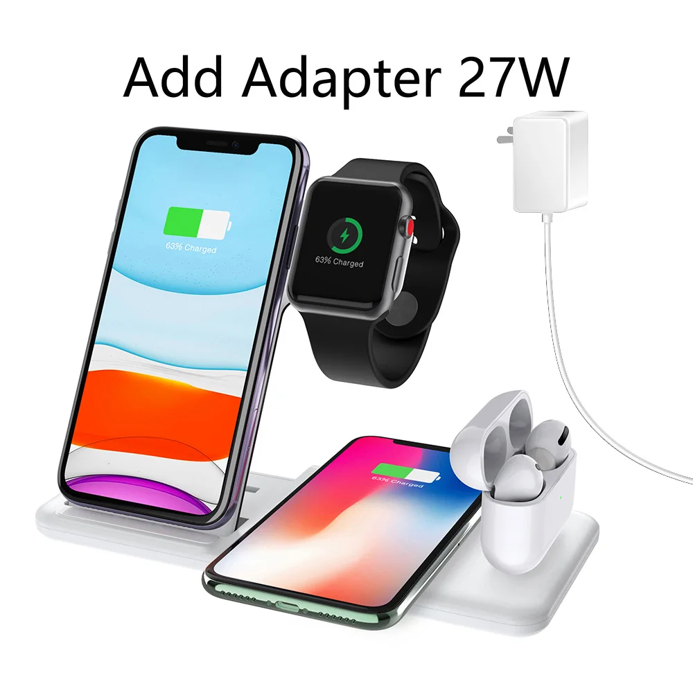 White 27W Adapter 15 Вт 4 в 1 Быстрое беспроводное зарядное устройство базовая док-станция для iPhone 11 Pro Max XS XR 8 Apple Watch 5 4 3 2 AirPods 3 2 1 Зарядная подставка - Цвет: White 27W Adapter