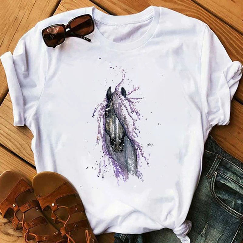 

Женская футболка с акварельным принтом лошадей, забавная повседневная женская футболка с круглым вырезом, футболки с животными, футболка с ...