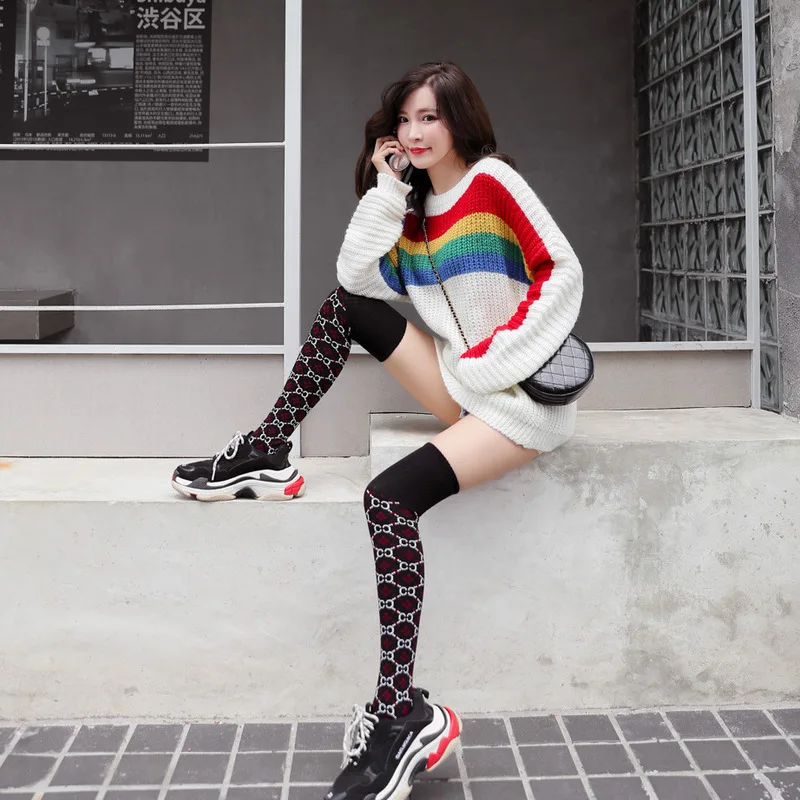 Autumn Winter Stocking Women With Web Celebrity Style Popular Logo Stockings High Leg Cotton Letters Ladies Over Knee | Женская одежда