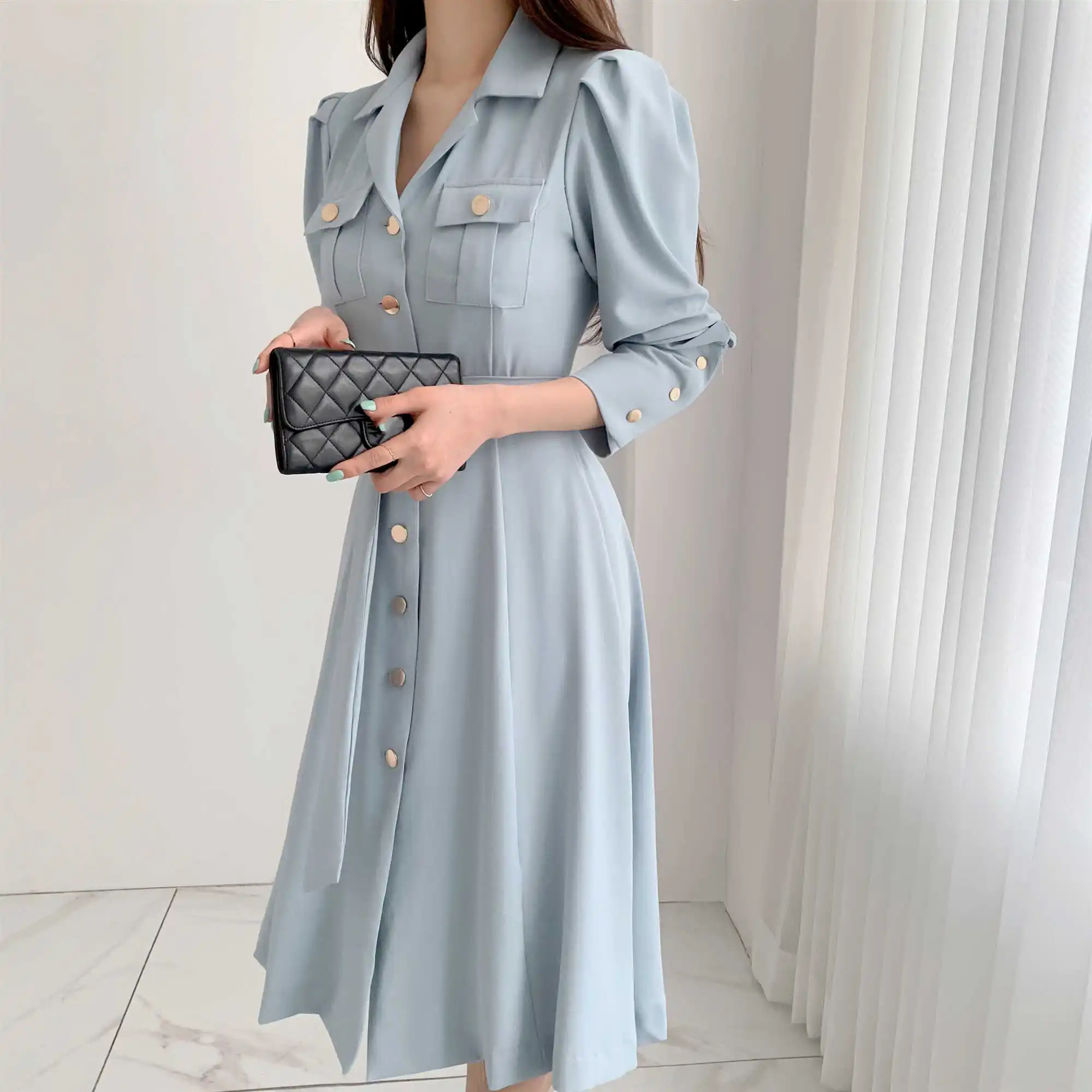 

Casual Spring Summer Women Shirt Dress Long Sleeve Office Lady Slim With Belt A-Line Female Dress