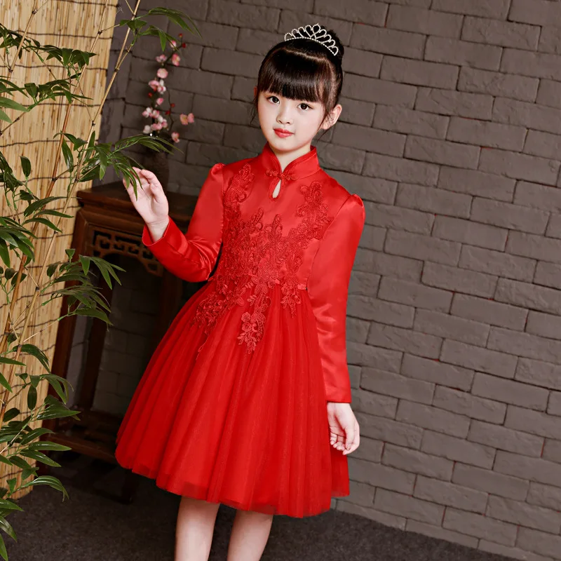

Chinese Style Long Sleeve White Red Performance Show Evening Children Dress Winter Flower Girl Birthday Party Gowns Kids Clothes