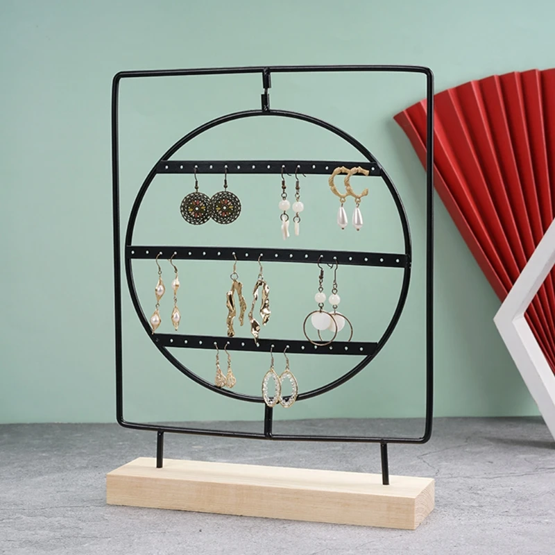 

Jewelry Display Storage Rack with Wooden Base Earrings Holder Metal Stand Jewellery Earring Organizer Table Decora