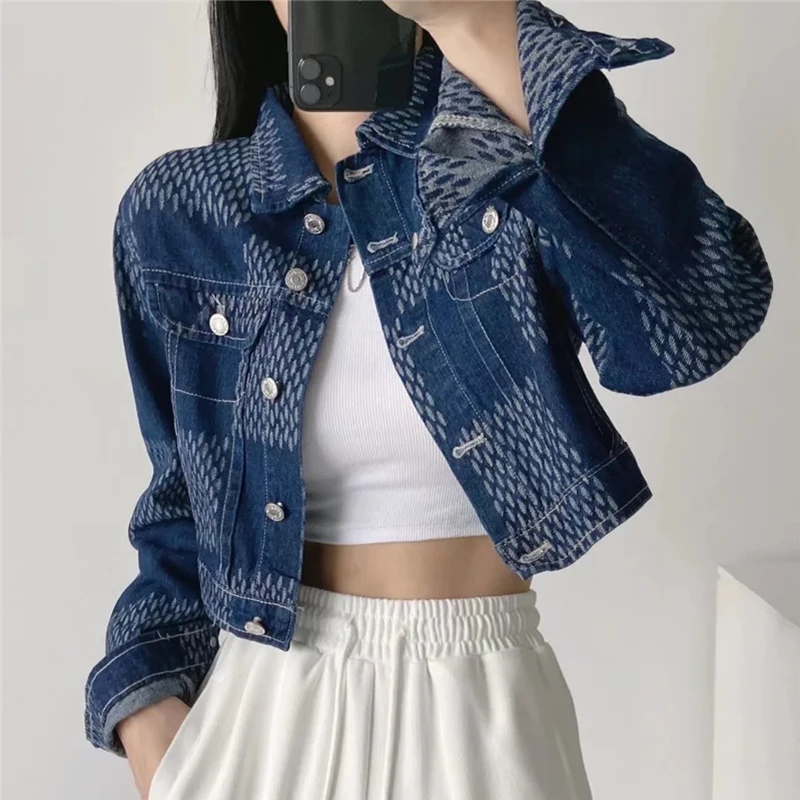 

Cowgirl Coat Retro Chessboard Plaid Long Sleeve Short Denim Jacket Women Street Fashionable Loose Single Breasted Wild Jackets