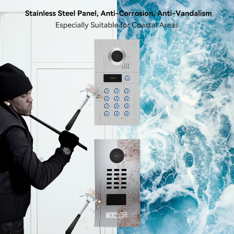 

Jeatone Video Intercom With Camera To Door Entry 2 Apartments Doorbell Doorphone System Code RFID Unlock Hebrew 960P Wild Angle