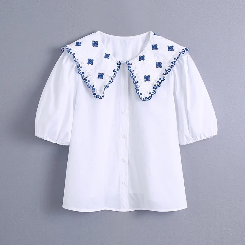 

European and American style foreign trade women's new 2021 French doll collar bubble sleeve embroidered blouse short sleeve shir