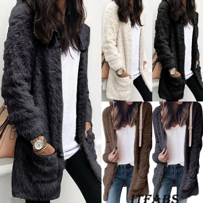 Женский Длинный флисовый кардиган пушистая однотонная повседневная меховая
