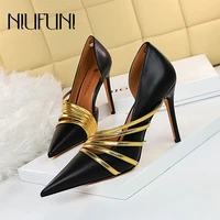 niufuni 2021 pointed leather hollow metal straps slip on summer womens sandals sexy nightclub women shoe pumps stiletto sandals