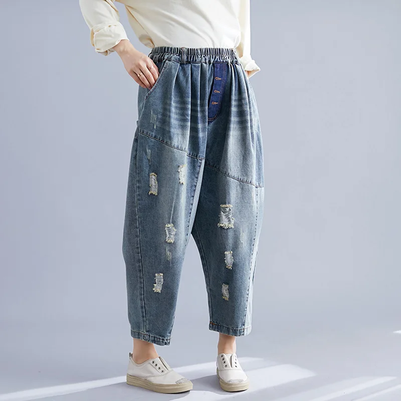 Джинсы большого размера штаны с эластичной резинкой на талии синие ковбойские