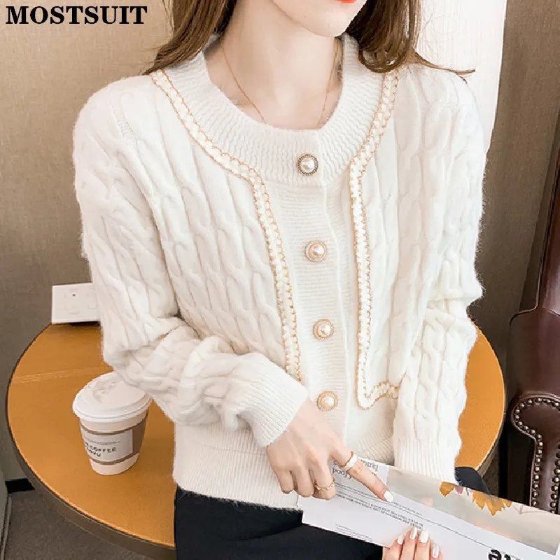 

Elegant Twisted Knitted Cardigan For Women Full Sleeve O-neck Pearl Buttons Sweater Tops Vintage Korean Ladies Tops Mujer 2021