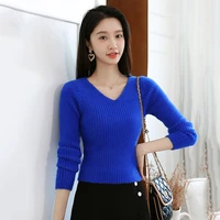 new 2021 korean fashion blue thick fuzzy slim women sweater pullovers short 8 colors vintage elegant rib knit jacket tops