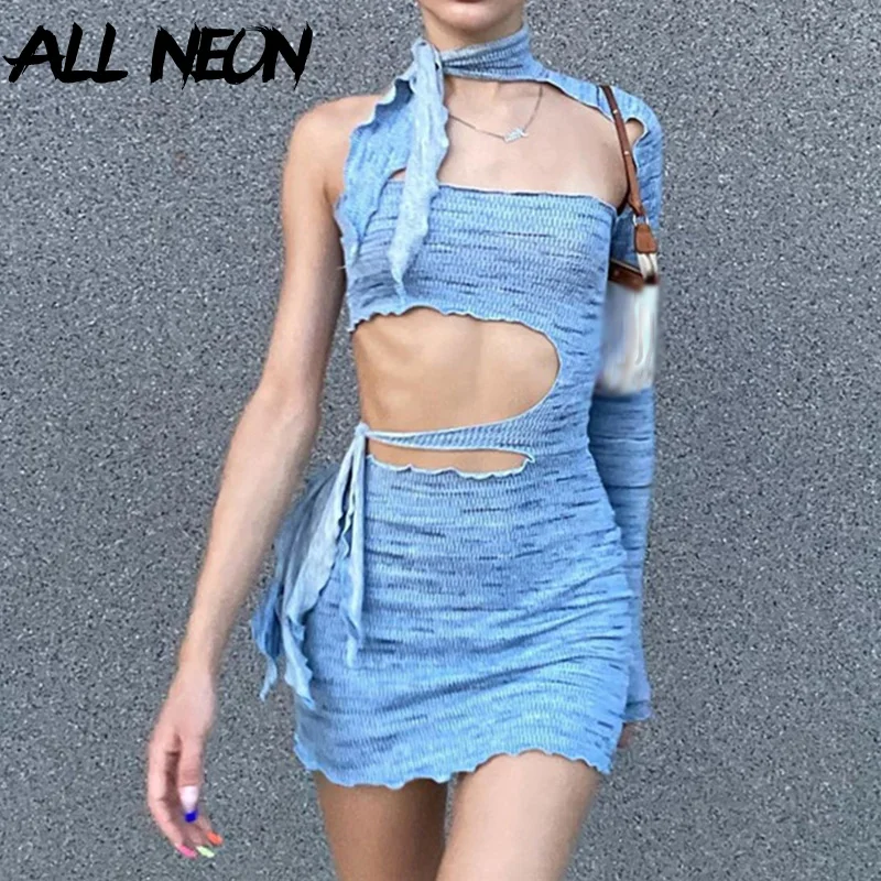 

ALLNeon 90s Fashion One Shoulder Bandage Cut Out Dresses Sexy Clubwear Backless Turtleneck Long Sleeve Bodycon Blue Dress Party