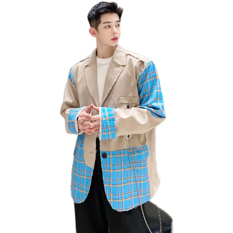 

Male Women Streetwear Vintage Fashion Hip Hop Suit Jacket Men Broken Edge Metal Hole Chain Plaid Splice Casual Suit Blazers Coat