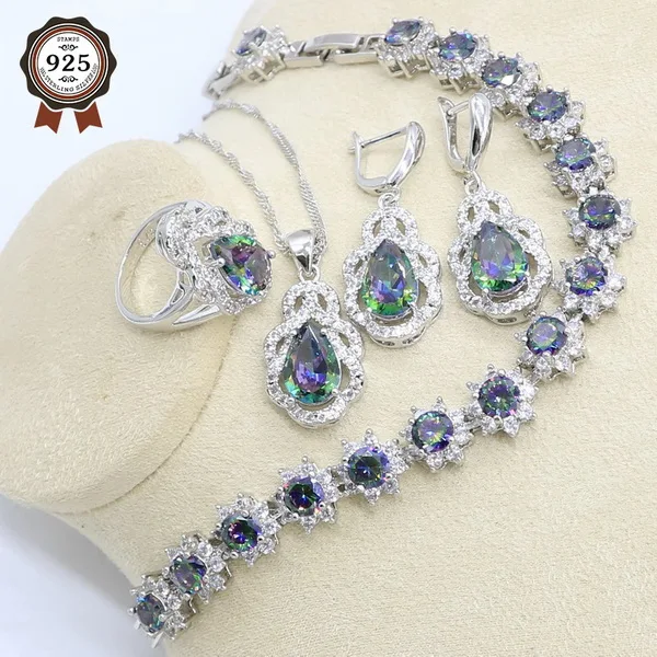 4pcs Циркон с радужным блеском набор украшений из серебра 925-й пробы для Для женщин браслет, серьги, ожерелье кулон подарочные коробки для колец - Окраска металла: 4pcs