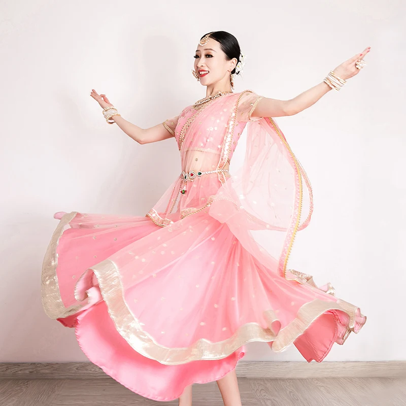 

Indian Dress For Women Gauze 3 Piece Suit Pink Short Sleeve Tops Big Swing Skirt Sarees Clothes Bollywood Stage Costumes DQL5877