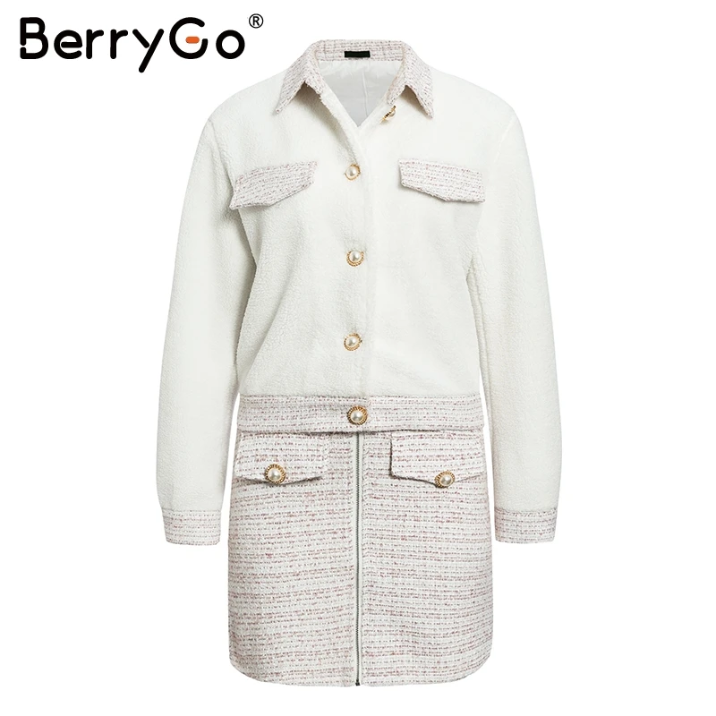 Suits BerryGo Твидовые костюмы из двух предметов Женский комплект одежды осенне-зимний костюм в стиле пэчворк однобортная Офисная Женская юбка, костюмы женские - Цвет: Suits