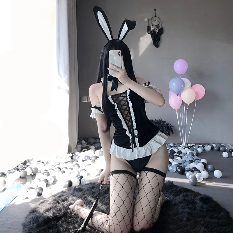 

Porno Costume Set Sexy Three-Point One-Piece Bodysuit Women Lingerie Ruffled Straps Crossed Hollow Uniform Bunny Girl Role Play