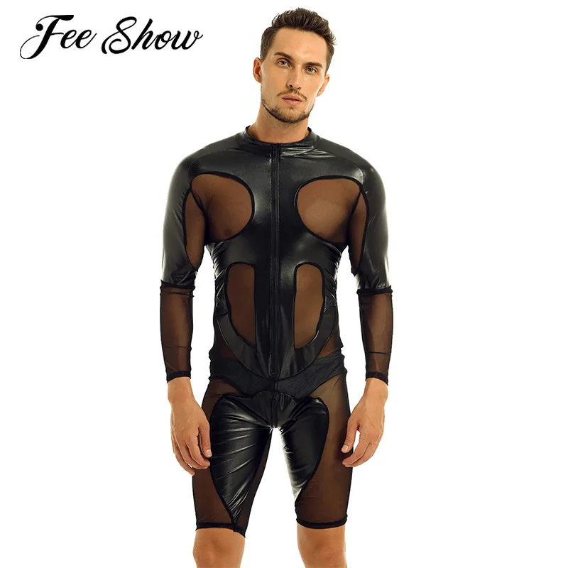 Мужские слитные латексные боксеры sвиду с сеткой комбинезон длинными рукавами