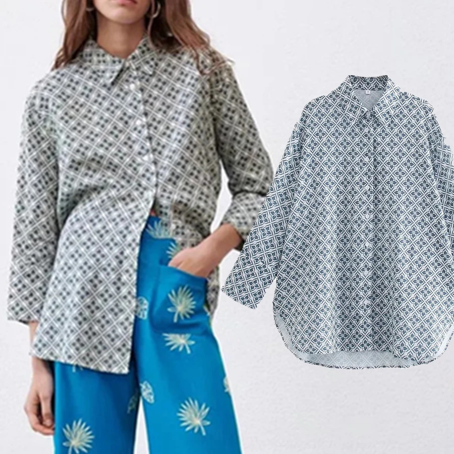 

Elmsk Shirt Women Autumn Blouse Women England Style HIgh Street Vintage Printing Loose Blusas Mujer De Moda 2021 Long Tops