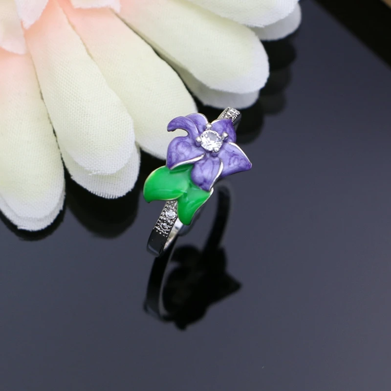 Женский комплект украшений из серебра 925 пробы с зелеными листьями и фиолетовыми