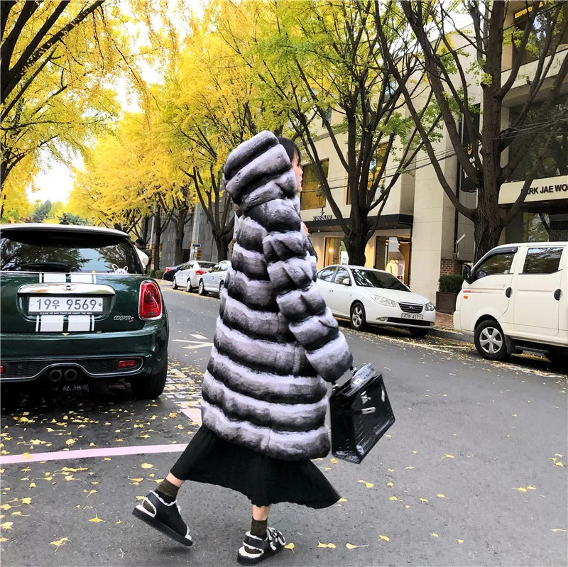 

Vogue Fad Natural Rex Rabbit Fur Real Fur Long Coat Winter Jacket Women Outerwear Hood Thick Warm Streetwear Striped Casual