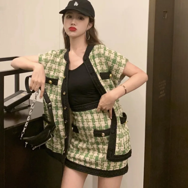 TITAME Women Two Piece Jacket Set Tweed Slim Plaid Skirt Single-breasted Short Sleeve Coat Mini Skirts Suit | Женская одежда