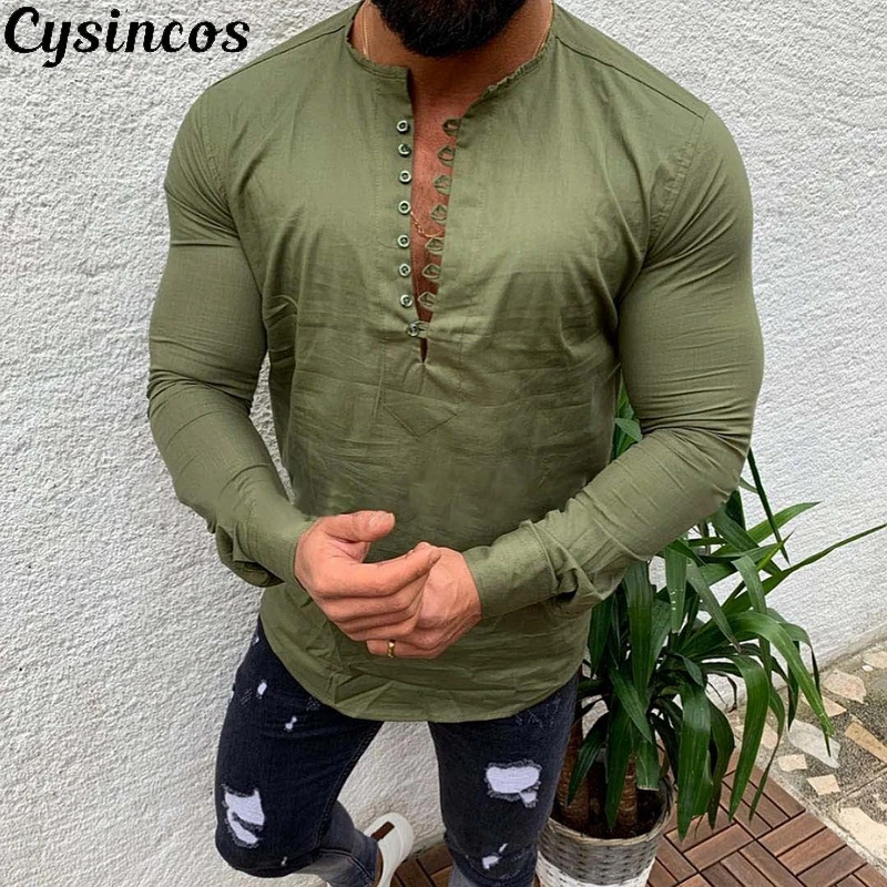 Мужская льняная рубашка CYSINCOS повседневная Облегающая с длинными рукавами мягкая