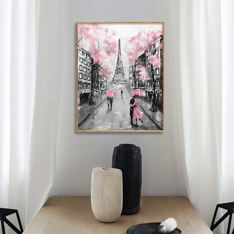 Пара с зонтом Париж Город Эйфелева башня Пейзаж абстрактная масляная живопись