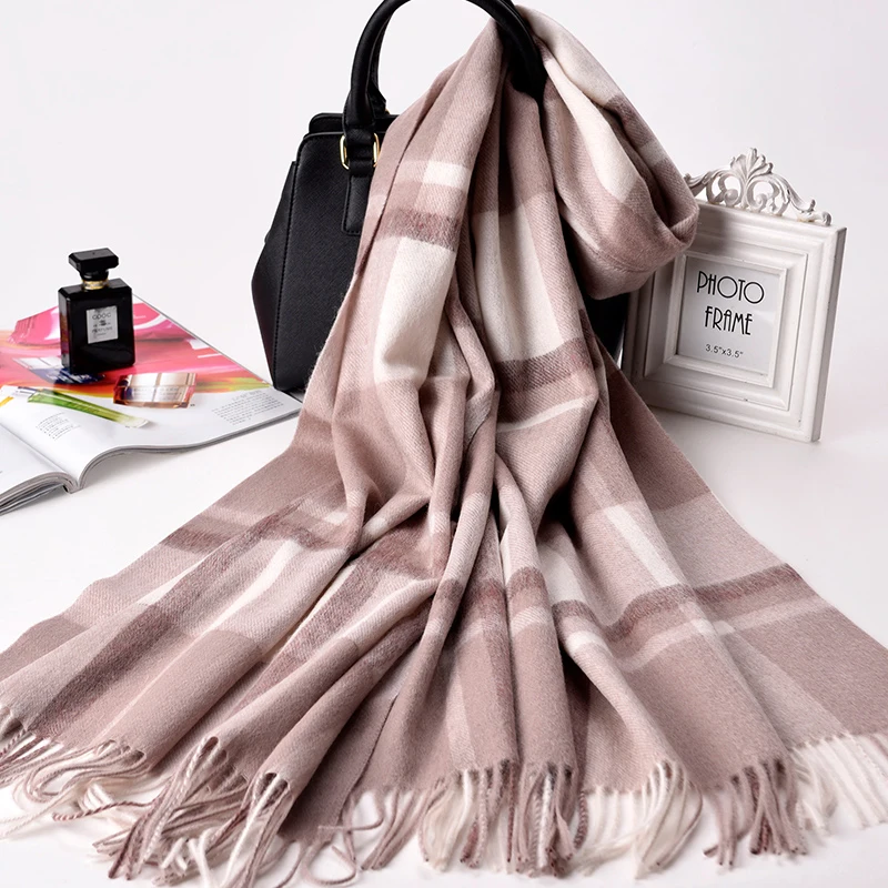 Шарф женский шерстяной в клетку зимний теплый толстый большой шарф шали и