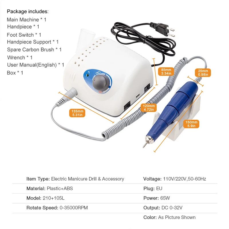 Высококачественная электрическая дрель для ногтей 65 Вт 35000 об/мин мощная модель