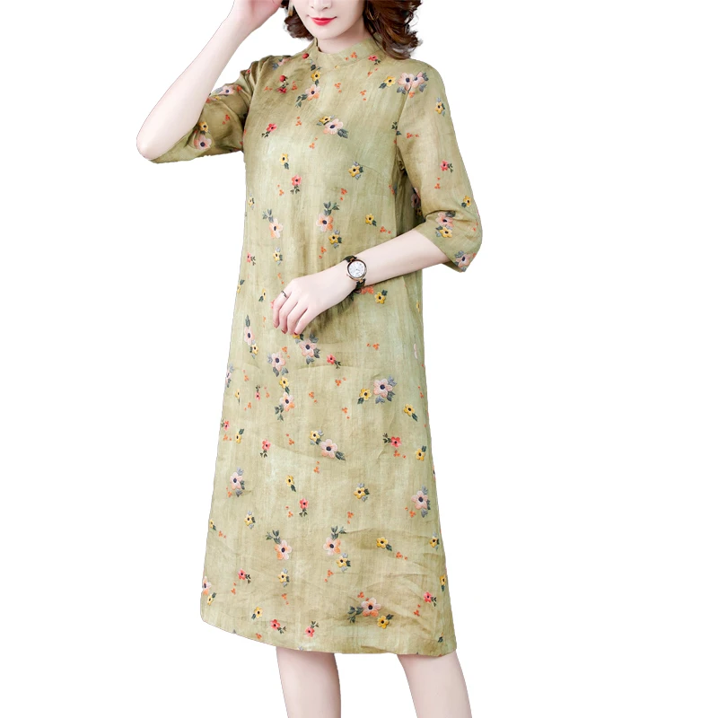 

2021 Spring Summer Green Floral Linen Midi Dresses Casual Vintage 5XL Plus Size Print Dress Women Bodycon Party Classy Vestidos