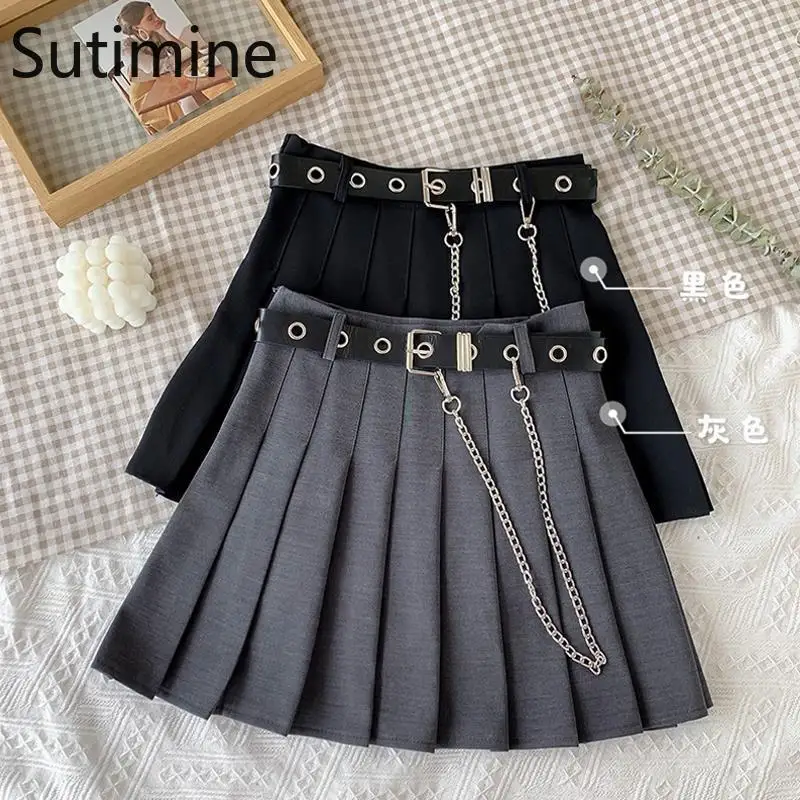 Gothic Skirts with Belt hanging Women Pleated Mini Chain Skirt with Shorts Black Streetwear Cool Girls Lolita Harajuku y2k Skirt