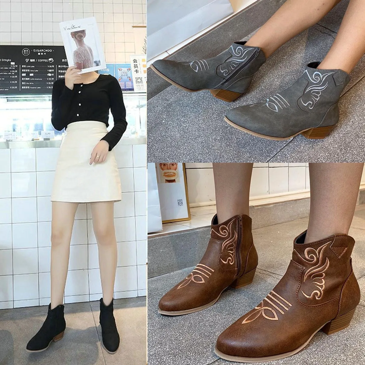 

Ladies Fashion Embroidered Ankle Boots Ladies Pu Leather High Heels Zipper Shoes 2020 Women Spring And Autumn Plus Size Boots43