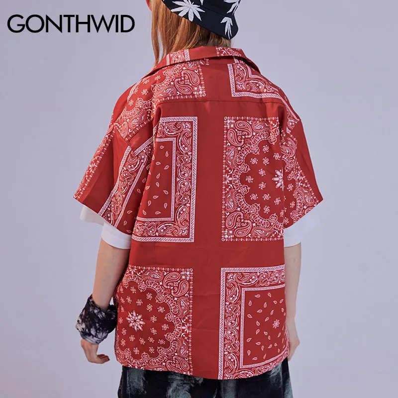 GONTHWID Harajuku рубашки на пуговицах с цветами кешью уличная одежда в стиле хип хоп