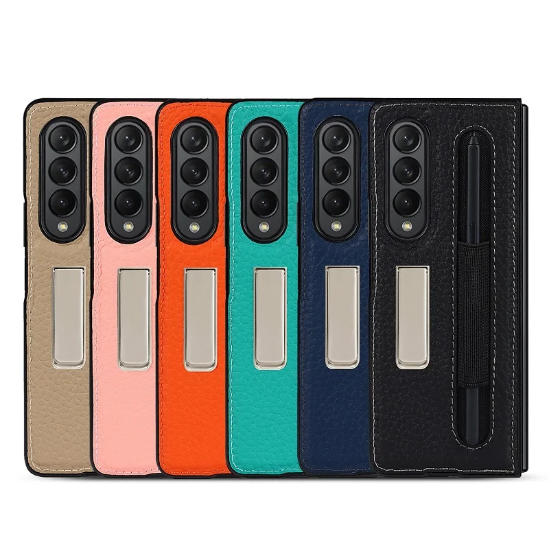 

Lychee Pattern Genuine Leather Phone Protective Case With S-Pen Stylus Pen Slot+Metal Stand For Samsung Galaxy Z Fold 3 5G