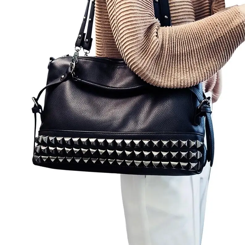 

PU Leather Ladies Handbag Rivet Large Capacity Single Shoulder Messenger Bags Motorcycle Messenger Top-Handle Bag Dropshipping