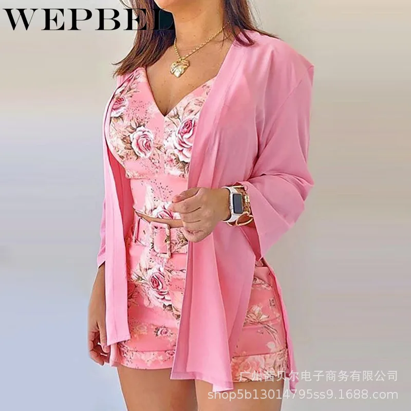

WEPBEL Women Flower Printed Sexy Suit Casual Long Sleeve Cardigan Coat + V-neck Spaghetti Strap Short Top + Lace-up Shorts Suit