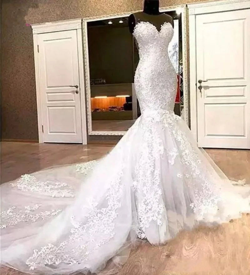 

robe de mairee Vintage Mermaid Lace Wedding Dresses 2020 Appliques Beads Long Train Sheer Neck Bridal Gowns Vestido De Noiva