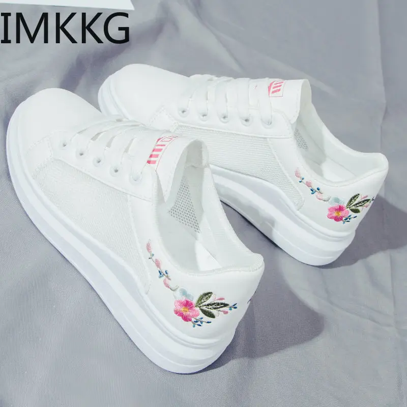 HOT Women Sneakers 2020 Fashion Breathble Vulcanized Shoes Pu embroider Platform Lace up Casual White | Обувь