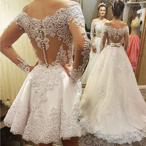 Luxury Crystals Beading Bodice Wedding Dress Boho Long Sleeves Boat Neck Appliques Bridal Gown Detachable Train Vestos De Novias