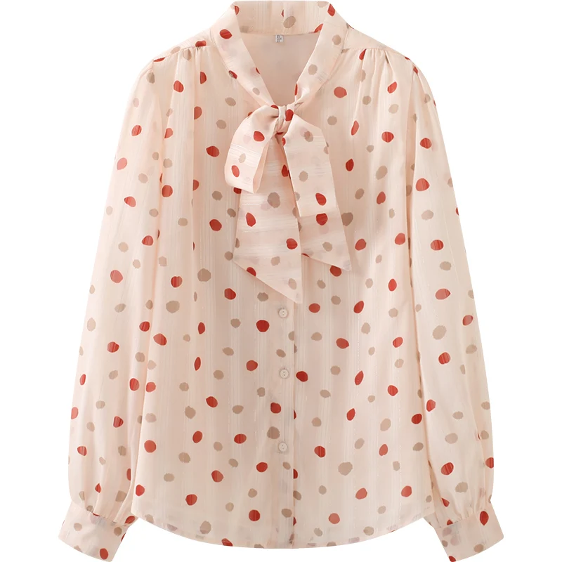 

Womans Blouses 2021 New Vintage Bow Shirt Chiffon Polka Dots Long Sleeves Outerwear Office Lady All-Match Tops Blusas Femme