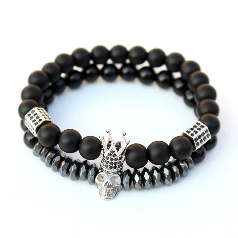 men jewelry Матовые бусины оксин камень череп браслет набор Корона Мужские аксессуары Erkek Bileklik ювелирные изделия мужские браслеты для женщин Pulseras Mujer - Окраска металла: men jewelry