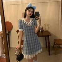 large size fat mm blue plaid dress womens 2021 new summer french first love skirt