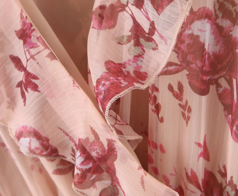 ROHOPO Двухслойное с зубчатым воротником красное цветочное поясом розовое