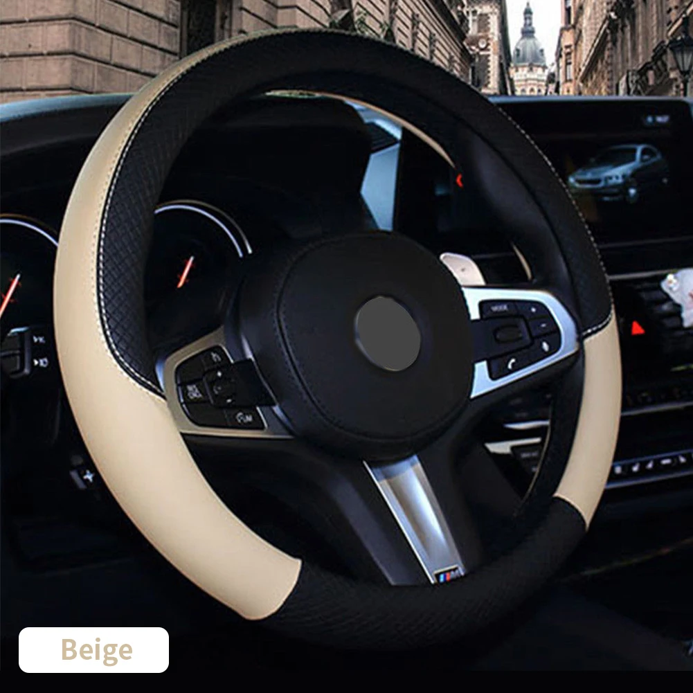 Beige Black Чехол на руль из искусственной кожи, универсальный чехол на руль, противоскользящий, подходит для размера 38 см, 15 дюймов, автомобильный Стайлинг - Название цвета: Beige Black