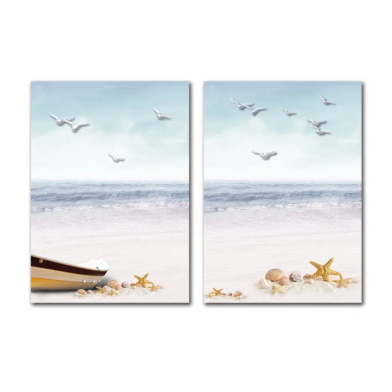 

Abstract Nordic Style Seascape Frameless Wall Painting Seagull Beach Starfish Abstract Canvas Decoration Printing Poster