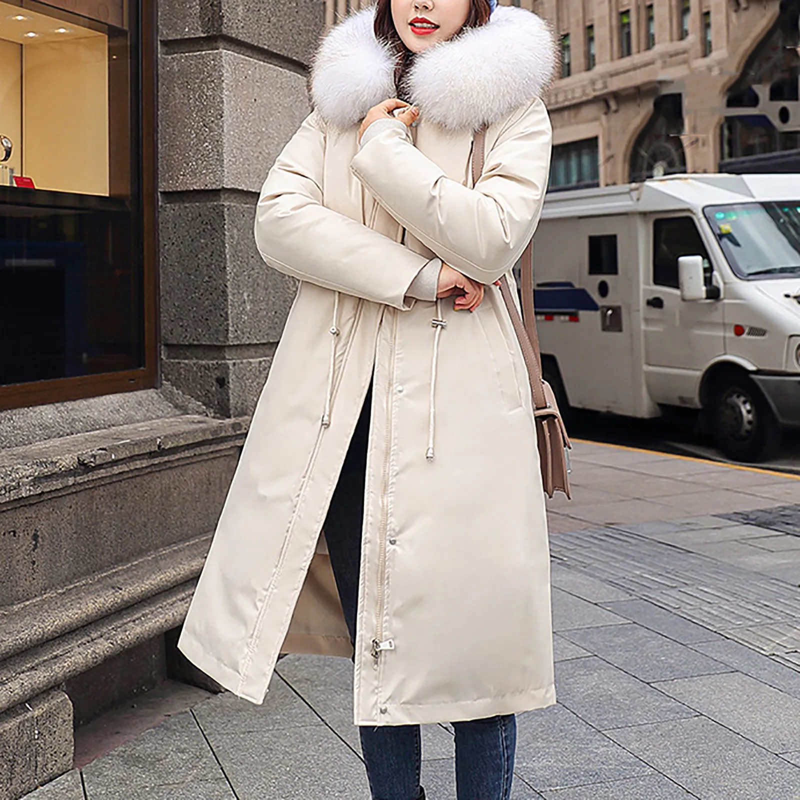 

Fashion Women Winter Warm Solid Colors Faux Fur Hooded Slim-fit Padded Thick Long Coat Parkas Jackets Outwear Piumini Donna#g3